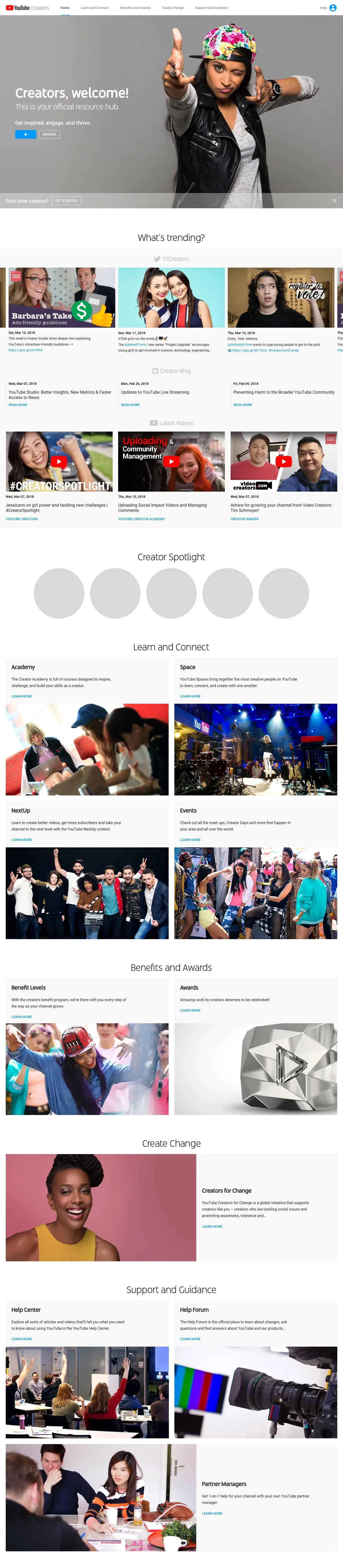 YouTube Creators homepage concept